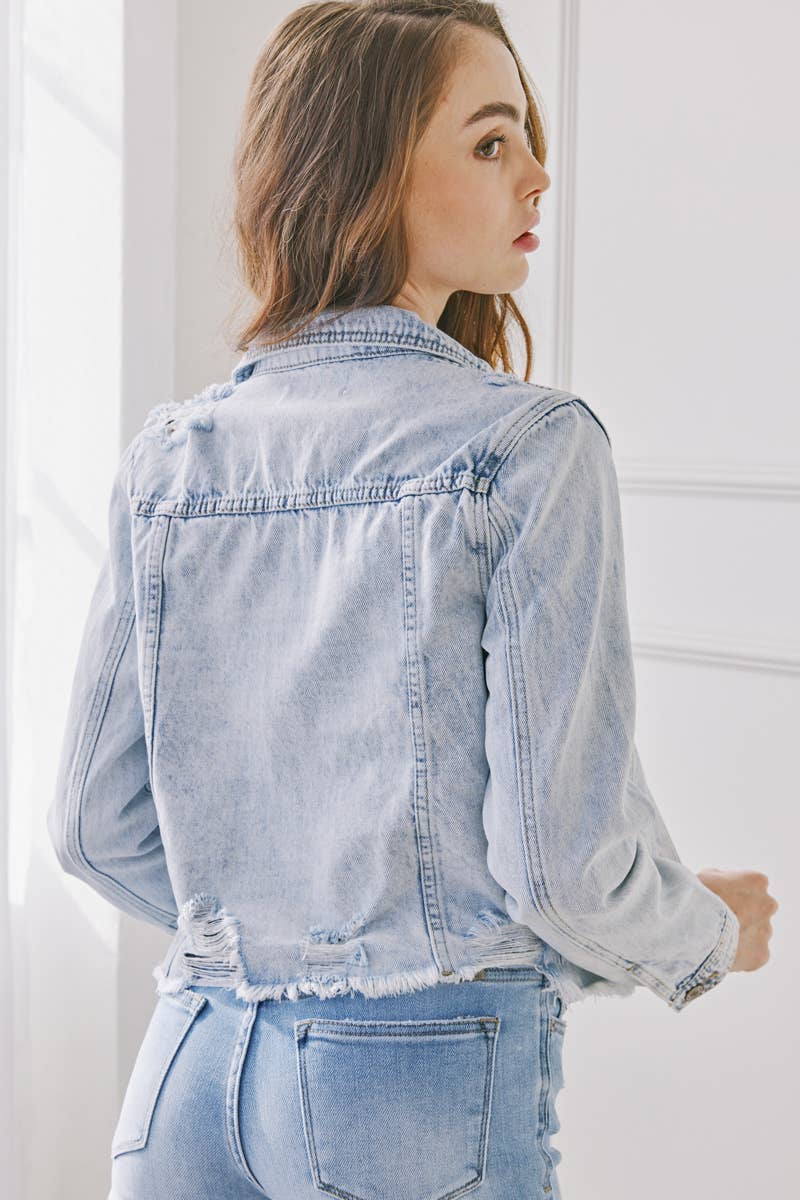 DISTRESSED LIGHT DENIM JACKET - KANCAN