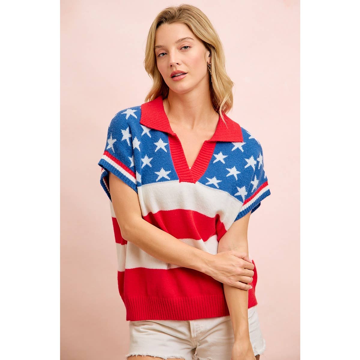 4TH OF JULY STAR STRIPED SLEEVELESS COLLAR KNIT TOP