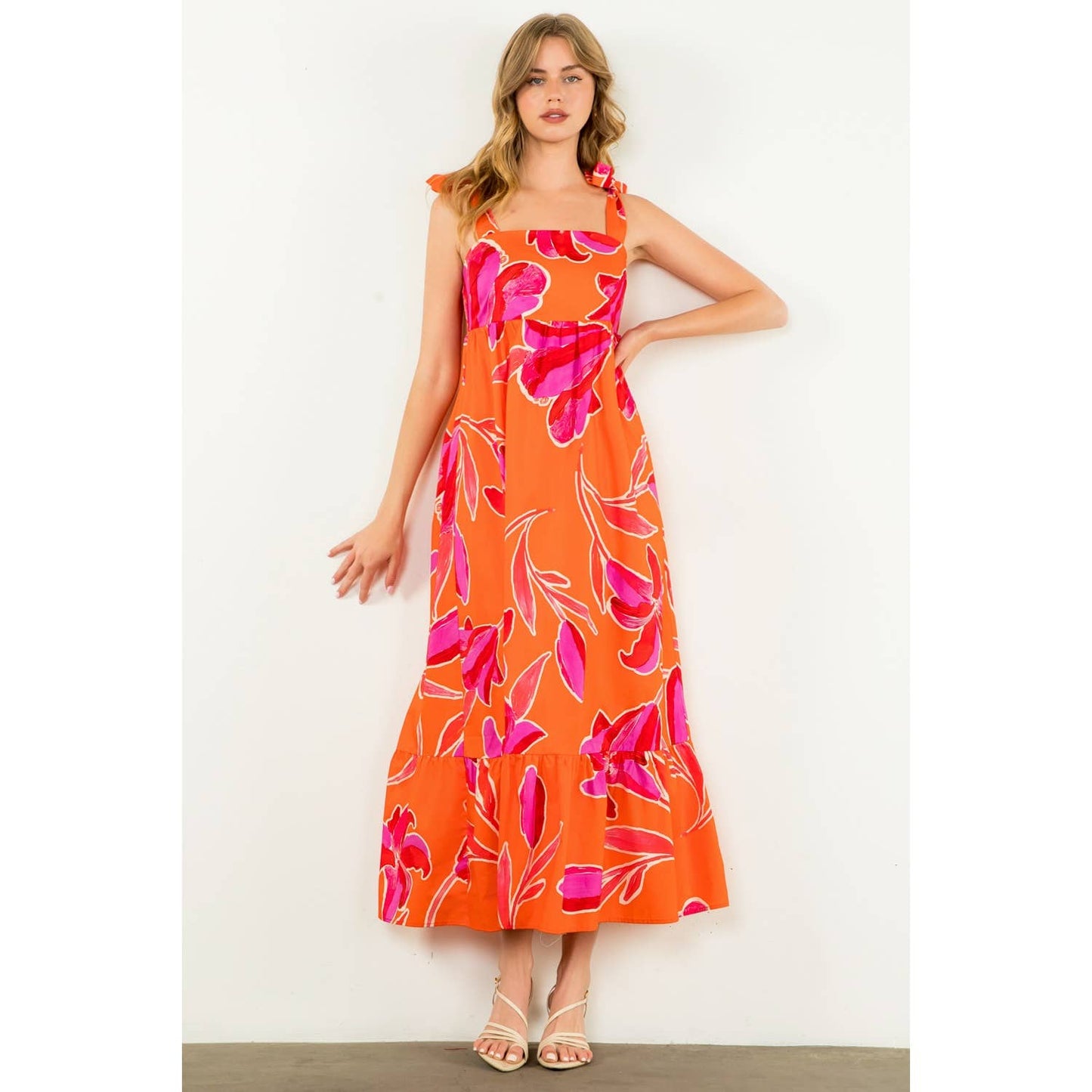 THML Tie Strap Floral Print Maxi Dress