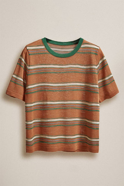 Striped Knit Ringer Tee W Crew Neck
