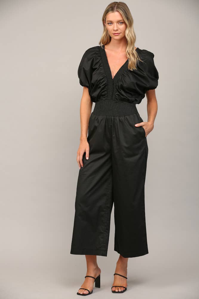 SMOCKED DETAIL OPEN TIE BACK JUMPSUIT