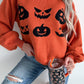 Orange Halloween Pumpkin Face Pattern Drop Shoulder Sweater