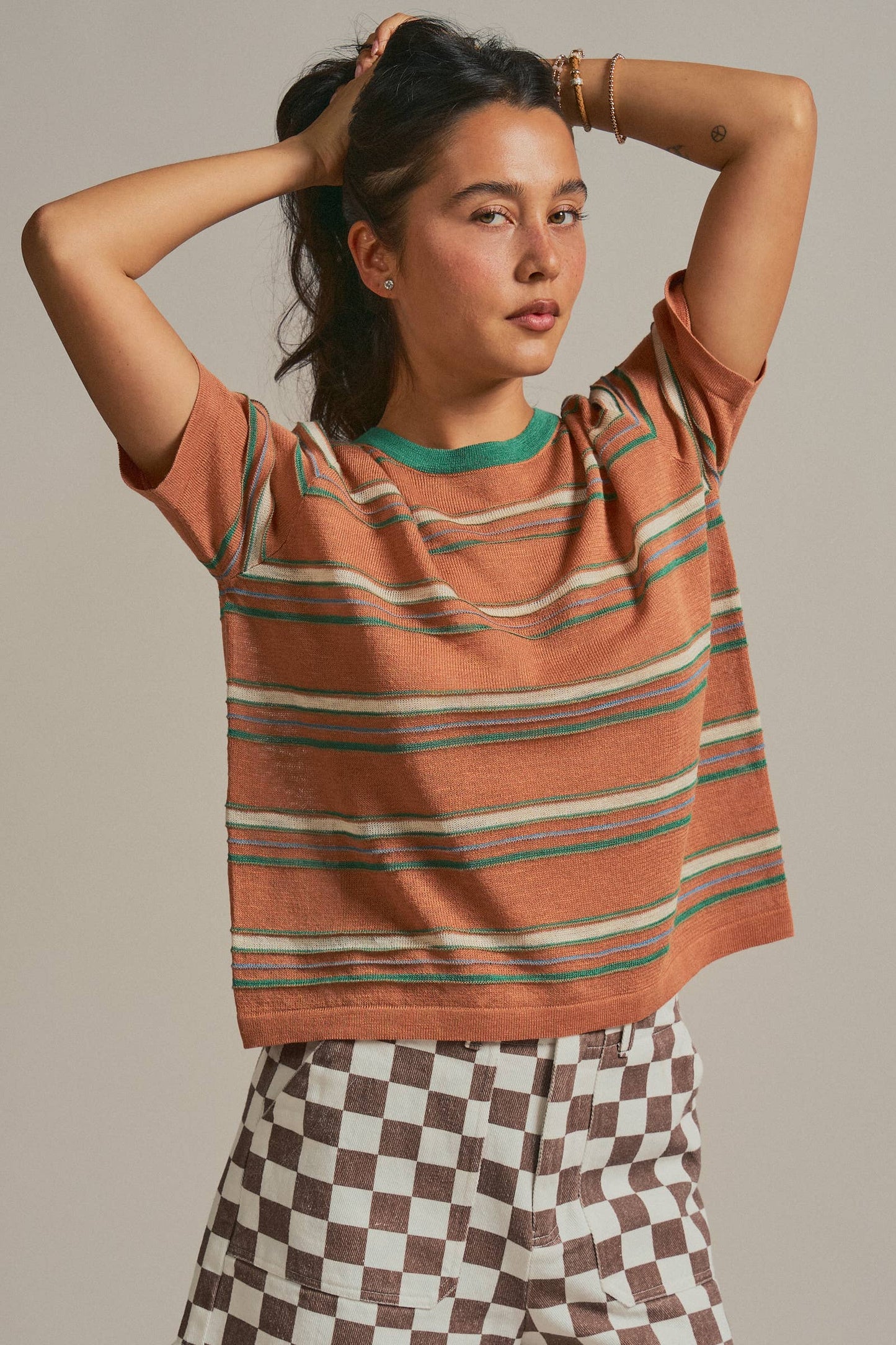 Striped Knit Ringer Tee W Crew Neck