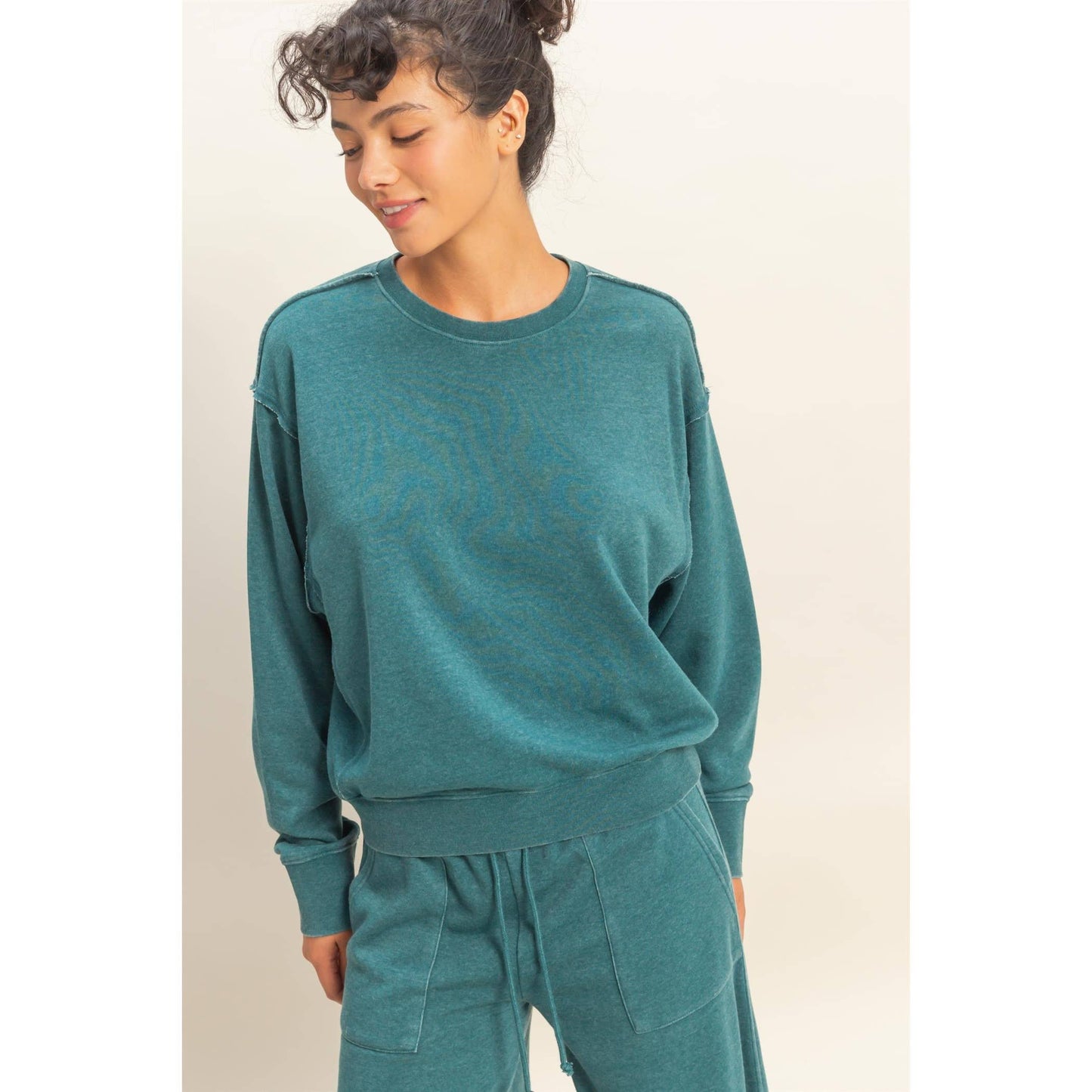 Raw Edge Detail Burnout Sweatshirt - Dark Teal