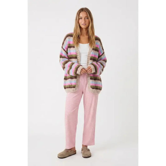 Multi Stripe Open Cardigan - STONE/PINK/OLIVE
