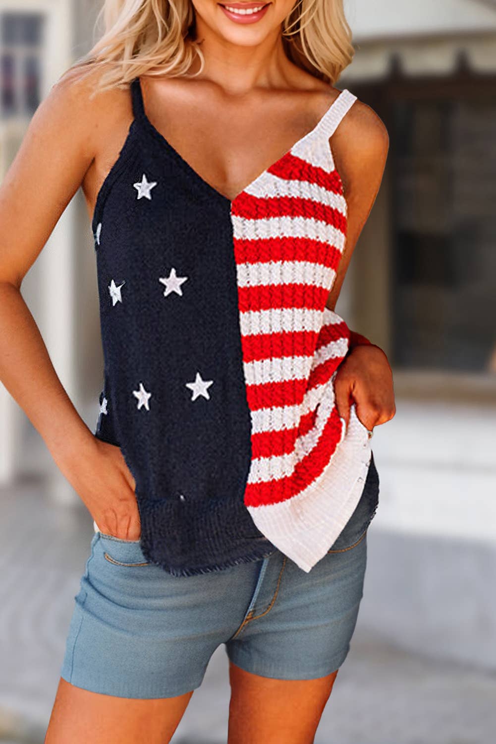 Women Stars and Stripes Print Flag Knitted Tank Top