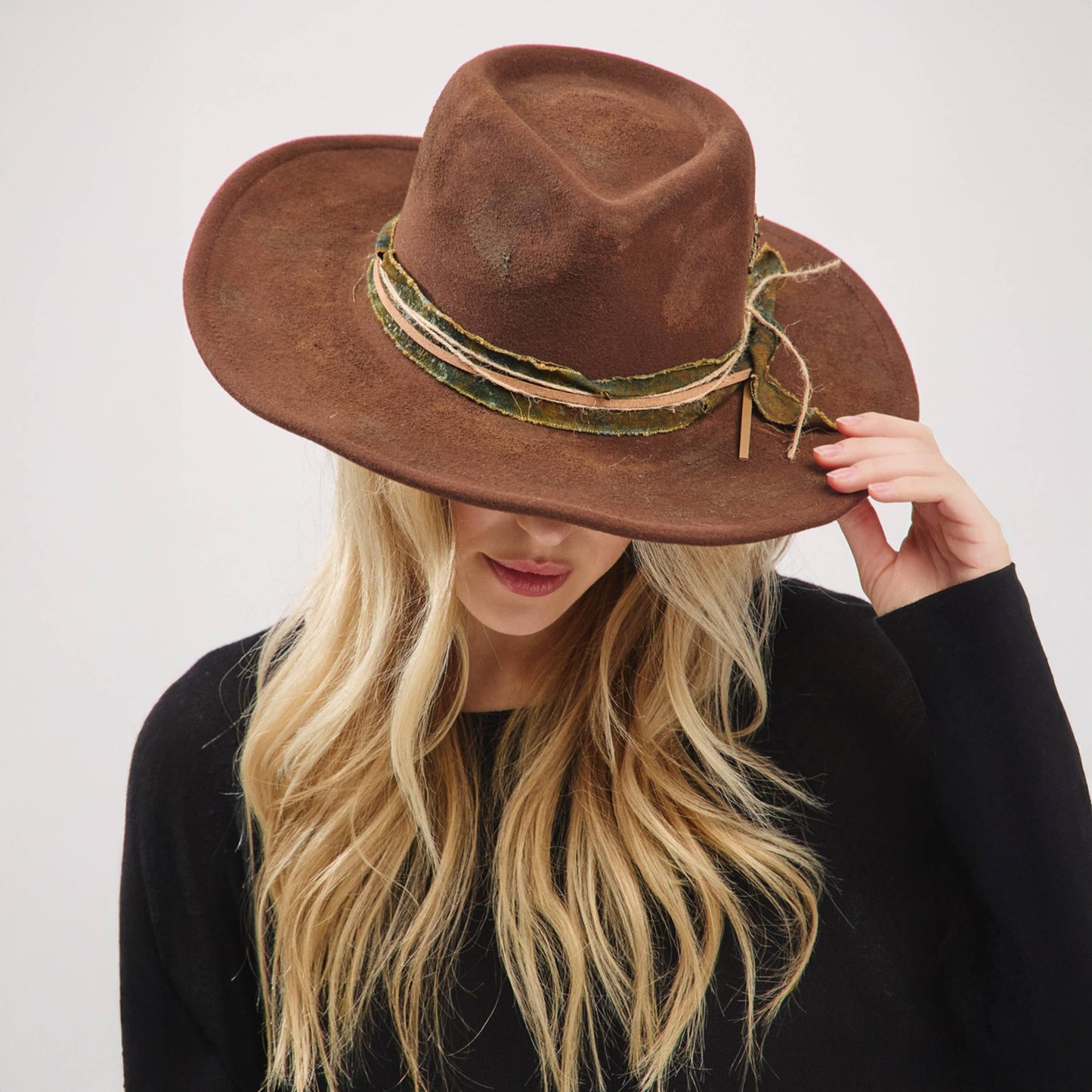 Distressed Fabric Band Cowgirl Fedora Hat