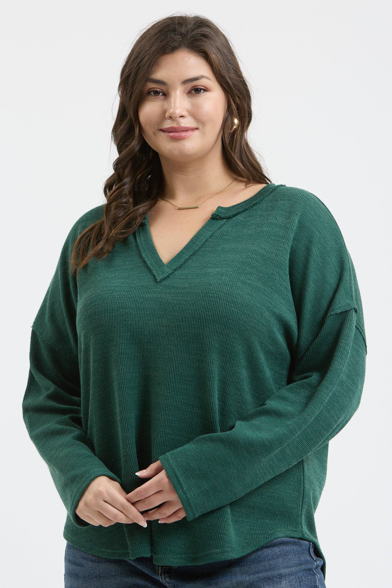 PLUS SOLID NOTCH NECK KNIT TOP - FOREST GREEN