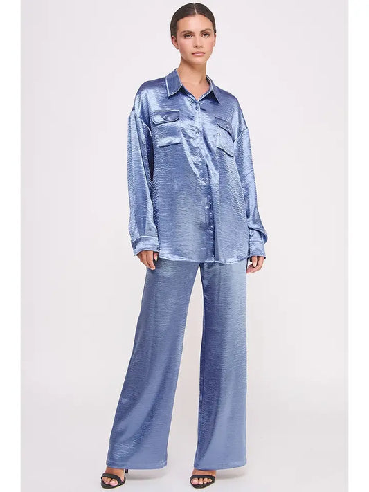 Metallic Set Button Down Shirt and Flared Wide-Leg Pant