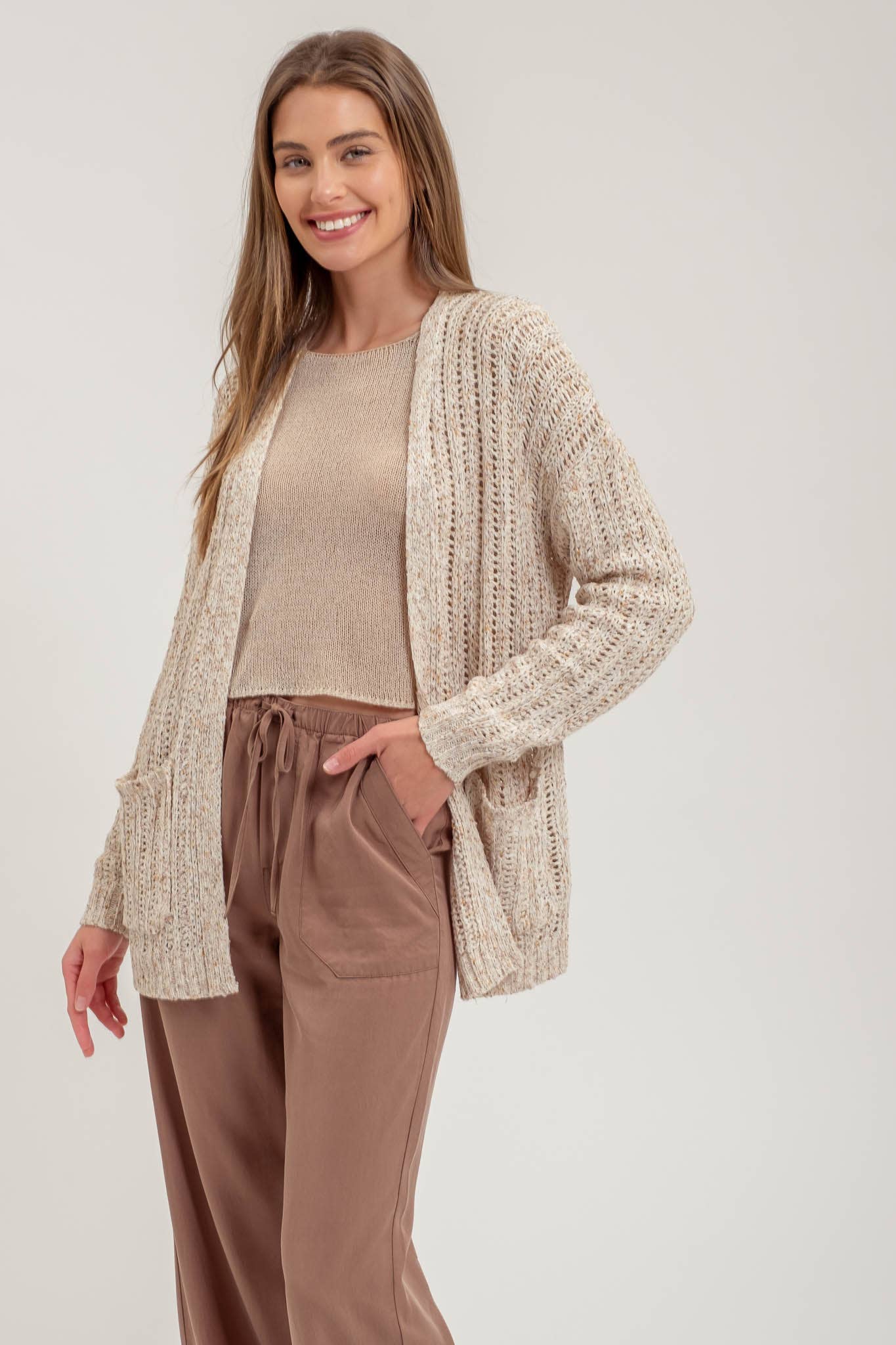 SPLIT HEM CROCHET KNIT CARDIGAN