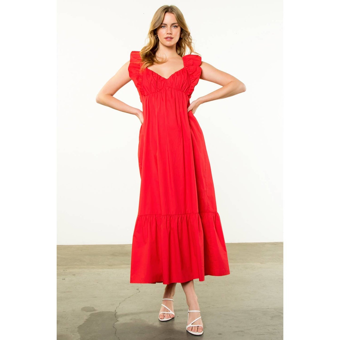 Flutter Sleeve Poplin Dress - Red