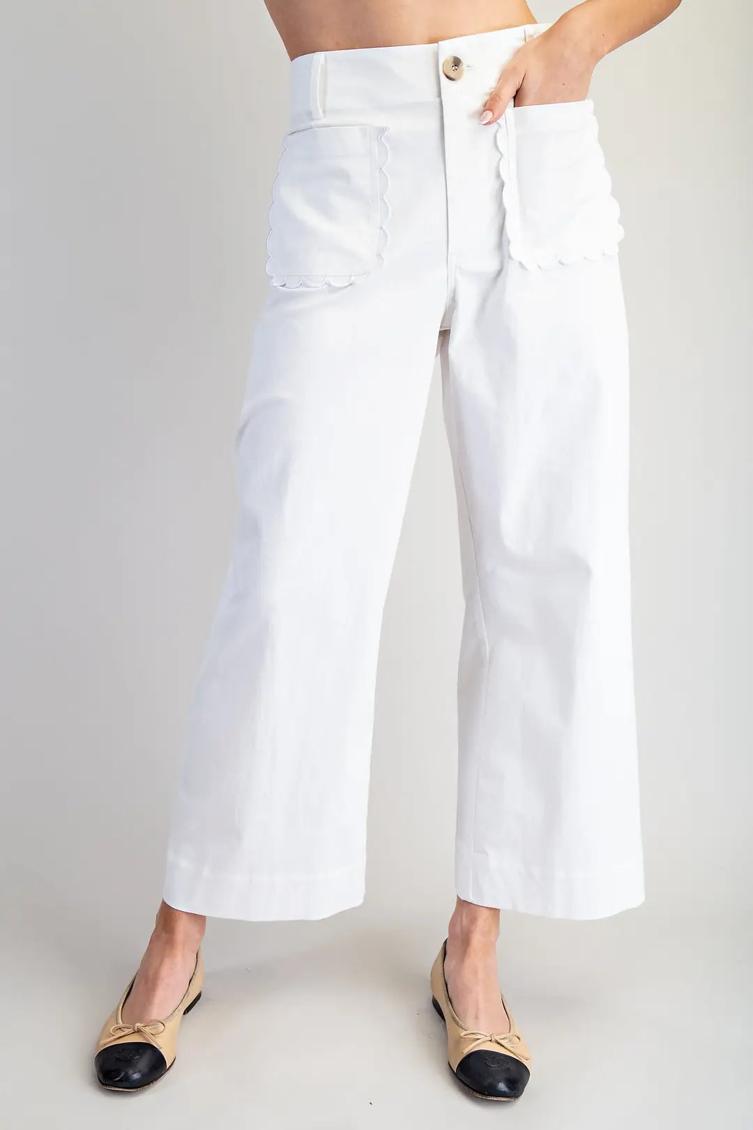 Scalloped Pocket Straight Leg Pants - OFF WHITE