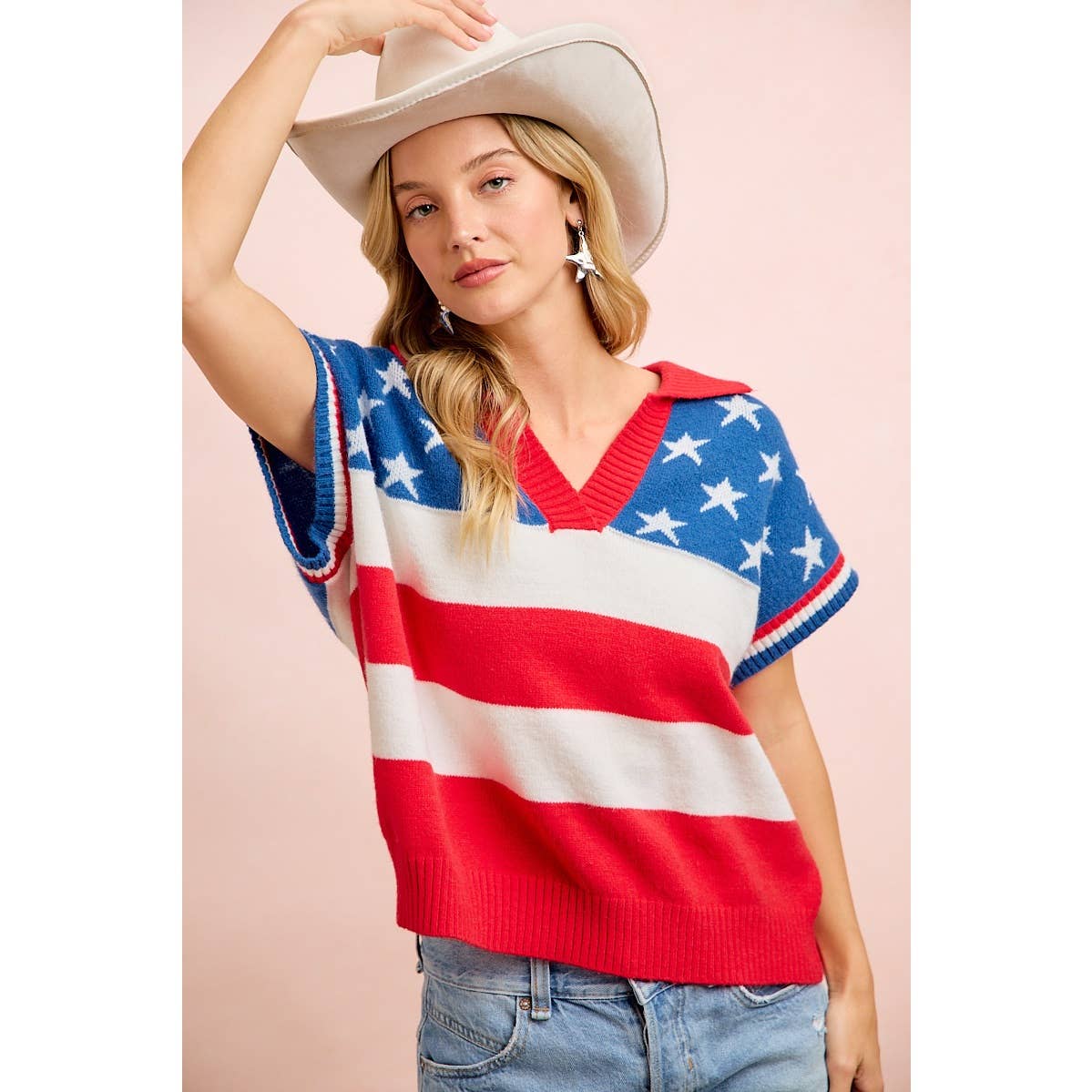 4TH OF JULY STAR STRIPED SLEEVELESS COLLAR KNIT TOP