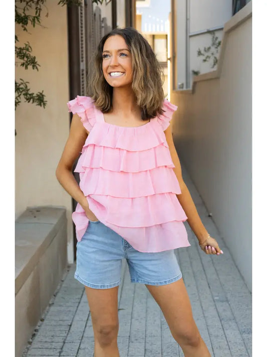 FEMME FLOUNCE PINK RUFFLE TOP