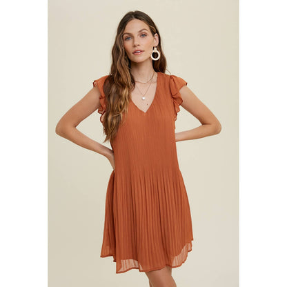 PLEATED SHIFT MINI DRESS WITH RUFFLE SLEEVE - BRICK