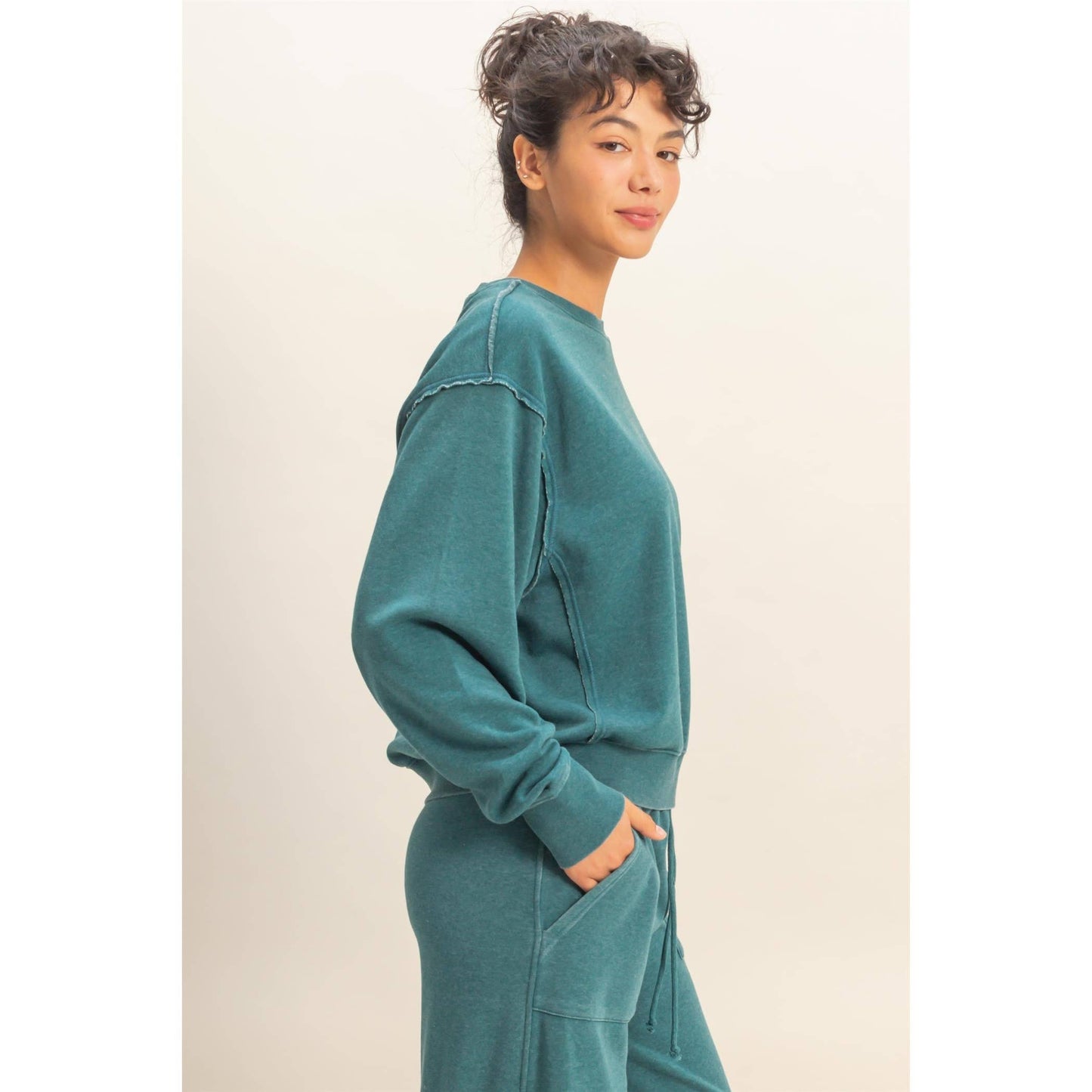 Raw Edge Detail Burnout Sweatshirt - Dark Teal
