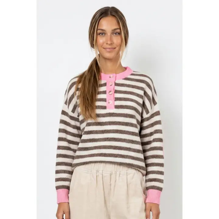Stripe Henley Sweater w Contrast Detail