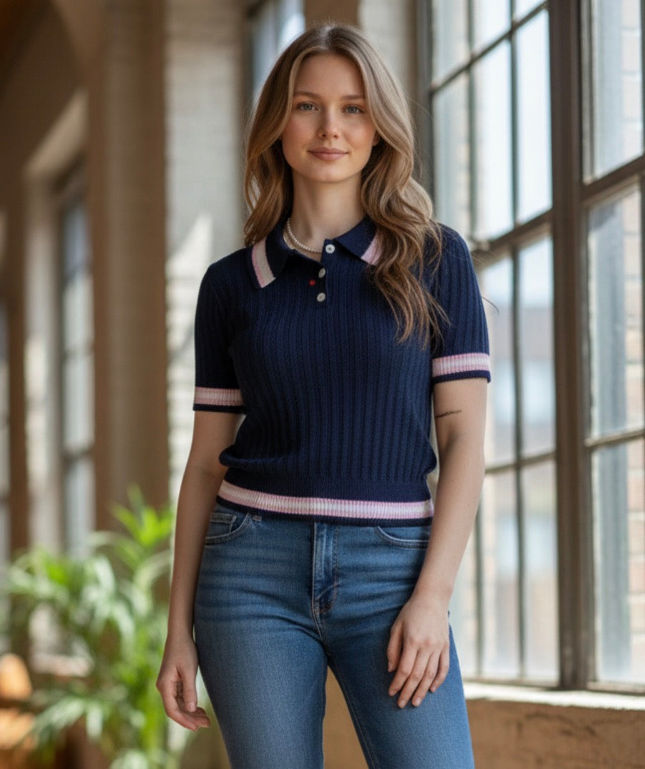 Collard Cropped Polo w Pink Trim