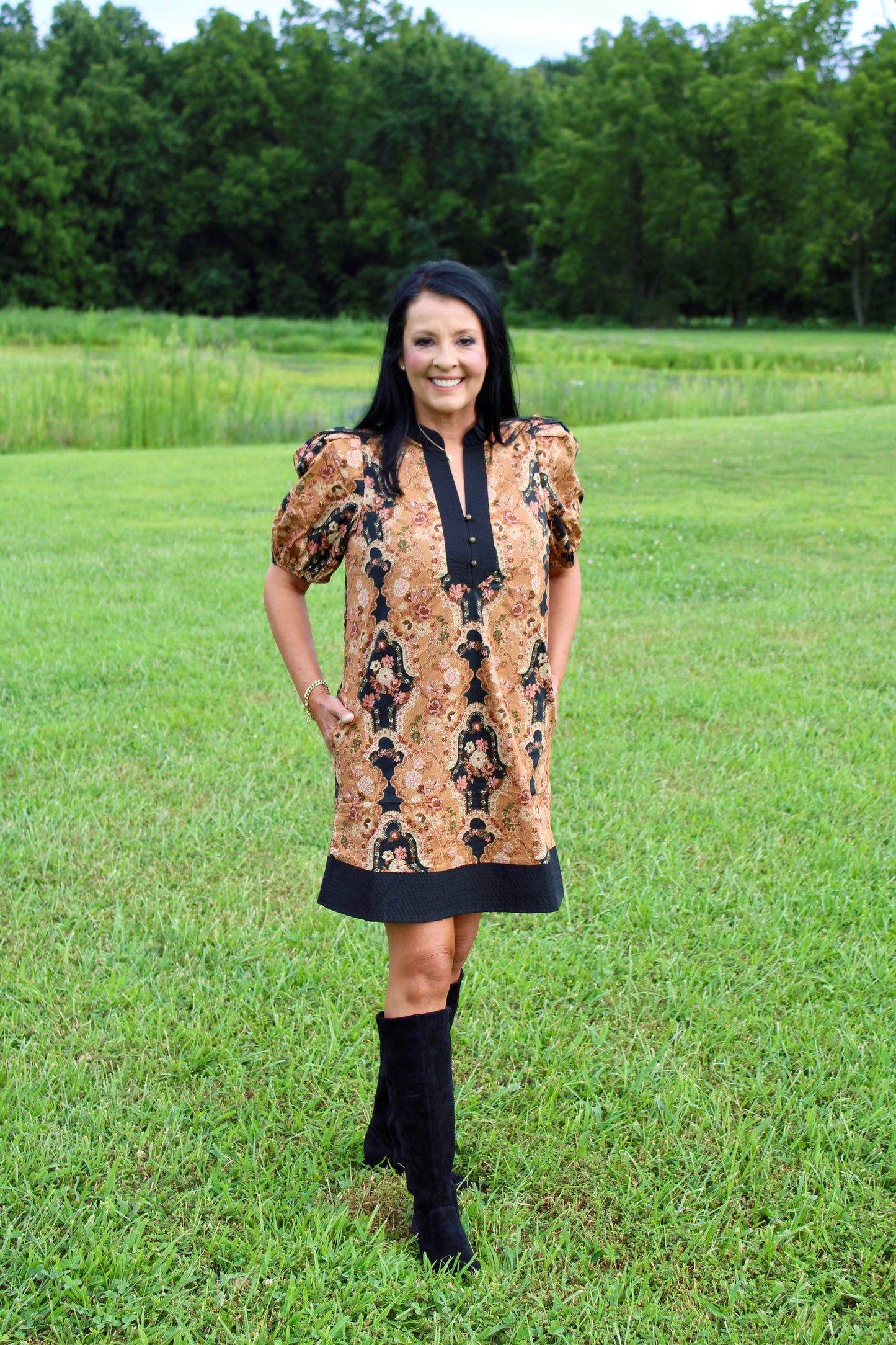 Camel with Black Trim Mini Dress