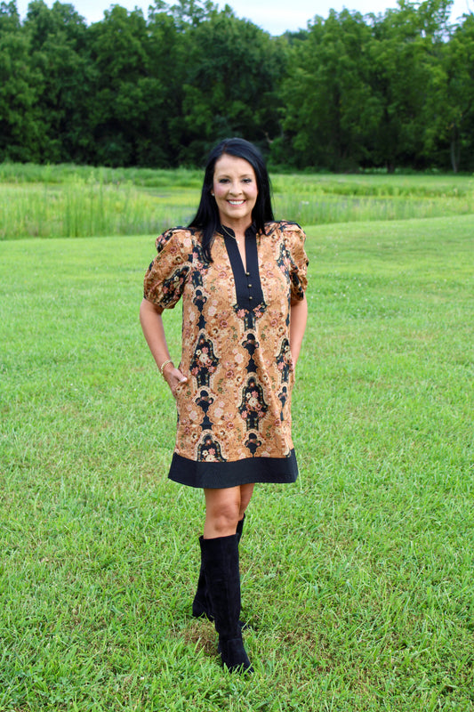 Camel with Black Trim Mini Dress