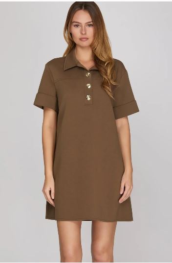 SS KNIT COLLARED SHIFT MINI DRESS W GOLD BUTTONS