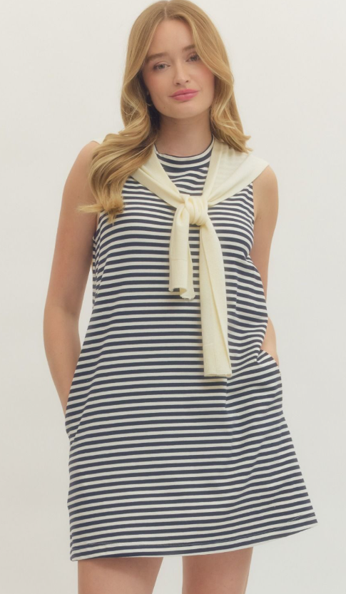 Sleeveless Mini Dress with Knit Scarf Sweater Detail