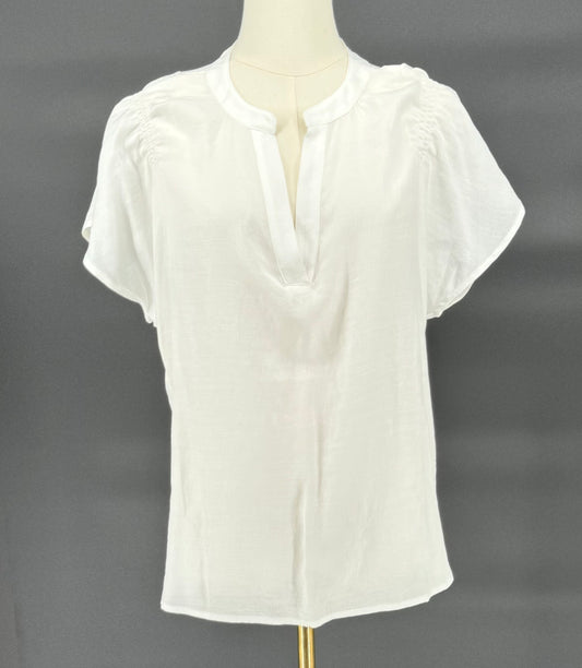 LINEN EFFECT 2LINE RUFFLE SLEEVES BACK PLACKET TOP - WHITE