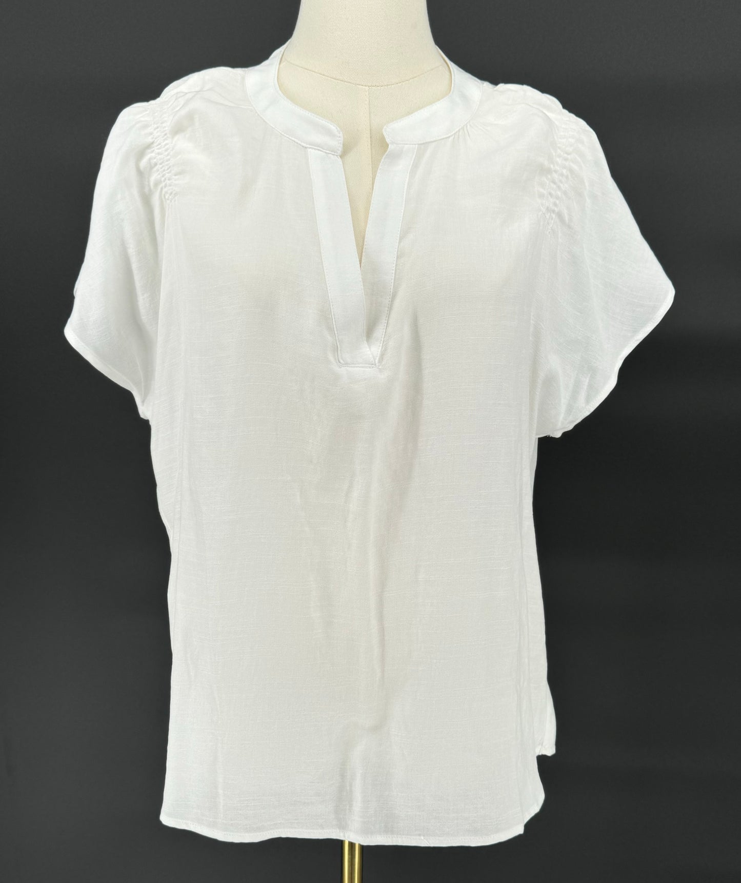 LINEN EFFECT 2LINE RUFFLE SLEEVES BACK PLACKET TOP - WHITE