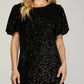 *SHORT BUBBLE SLEEVE SEQUIN SHIFT DRESS