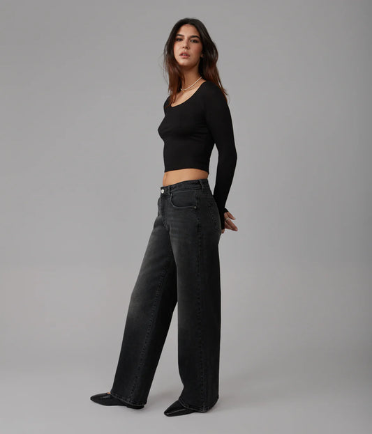 NOVA-BA Mid Rise Wide Leg Jeans - Black