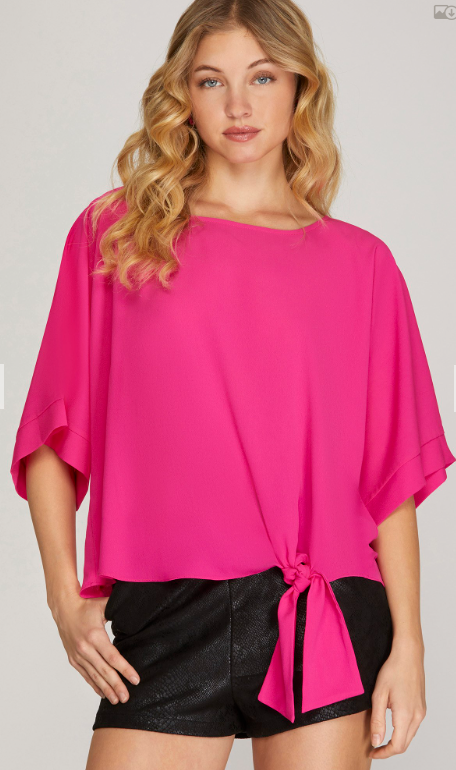 HOT PINK KIMONO SLEEVE WOVEN TIP WITH SIDE TIE DETAIL