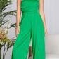 GREEN SLEEVELESS ONE SHOULDER SATIN JUMPSUIT