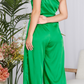 GREEN SLEEVELESS ONE SHOULDER SATIN JUMPSUIT