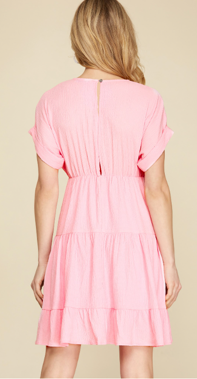 SHORT SLEEVE TEXTURED KNIT TIERED DRESS