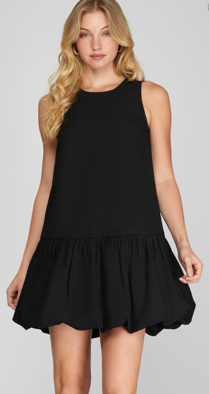 BLACK SLEEVELESS WOVEN BUBBLE HEM DRESS