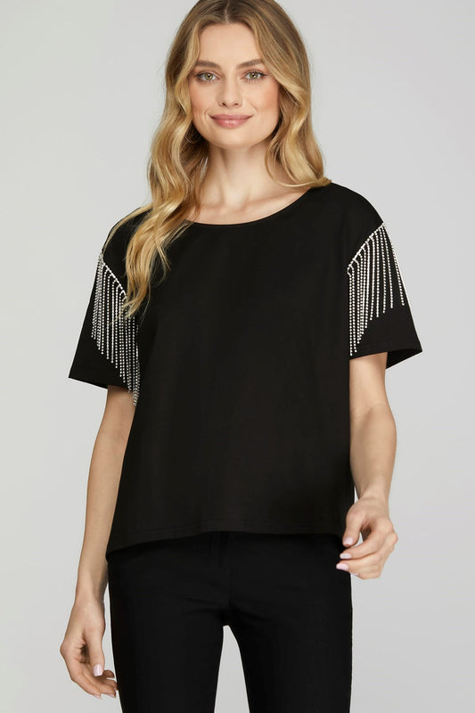 RHINESTONE FRINGE KNIT TOP - BLACK