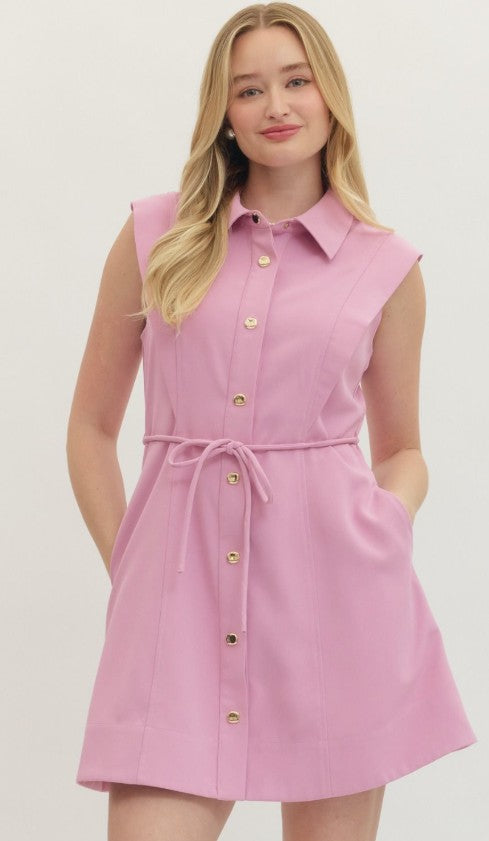 Gold button, Sleeveless, collared dress - Pink