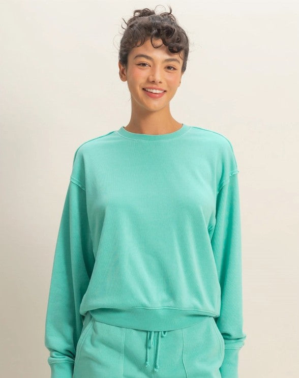 Raw Edge Detail Burnout Sweatshirt - Turquoise