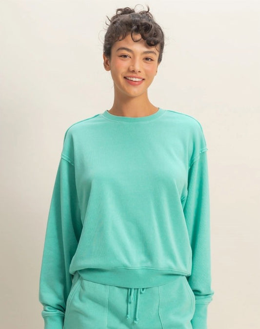 Raw Edge Detail Burnout Sweatshirt - Turquoise