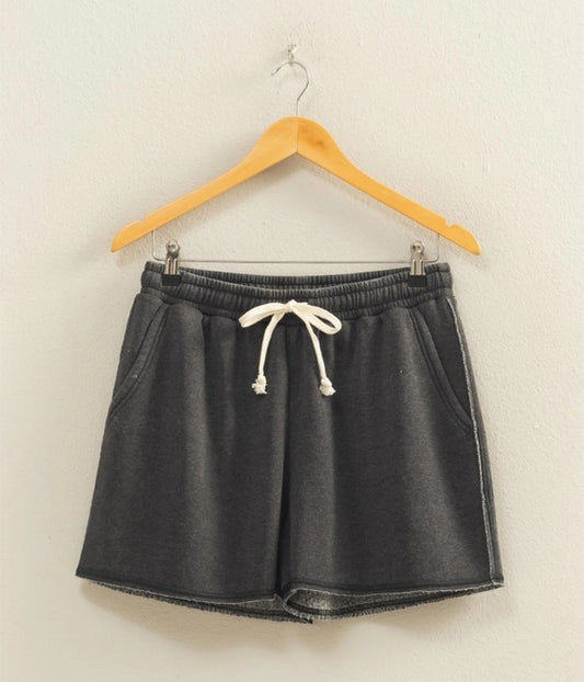 Drawstring Burnout French Terry Shorts - Black