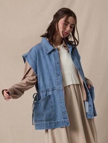 DENIM BUTTON-UP VEST WITH SIDE TIES