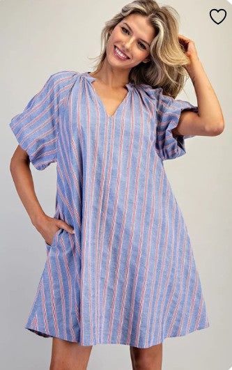 V-Neck Striped Puff Sleeve Mini Dress