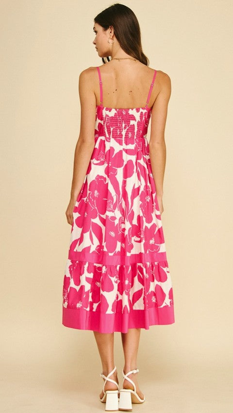 Bold Floral Tiered Midi Dress - Hot Pink