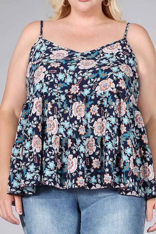 Floral Paisley Print Ruffle Cami Plus Size Top