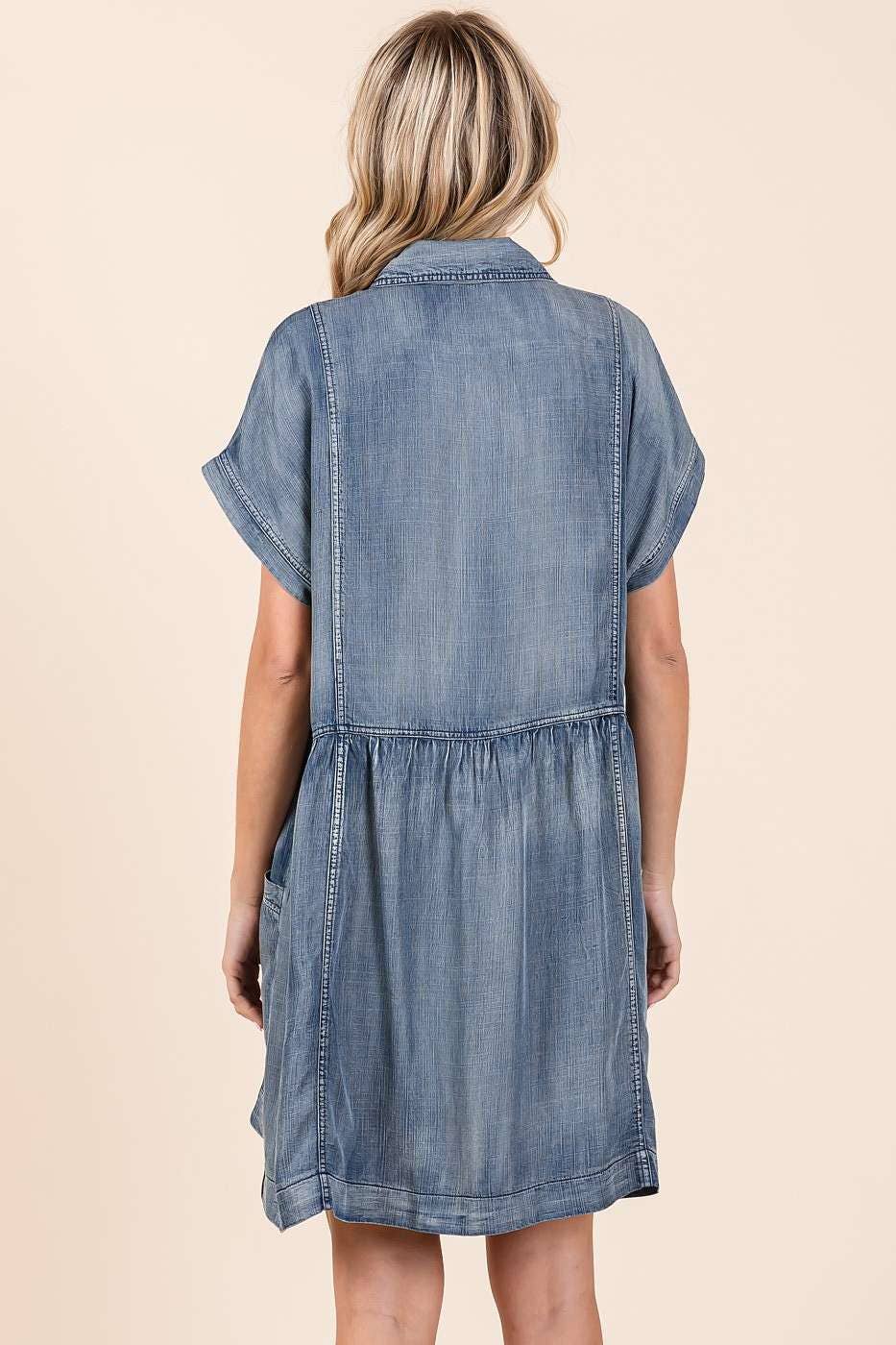 WASHED CHAMBRAY PATCH POCKET SHIRT MINI DRESS