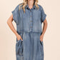 WASHED CHAMBRAY PATCH POCKET SHIRT MINI DRESS