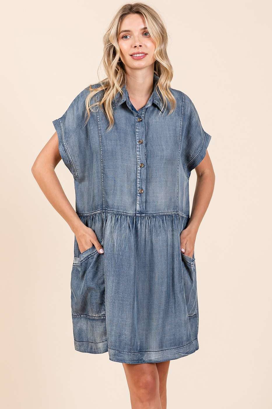 WASHED CHAMBRAY PATCH POCKET SHIRT MINI DRESS