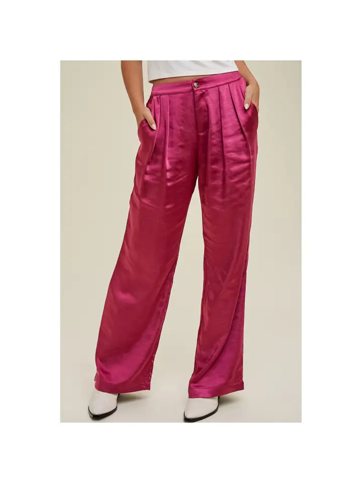 FUCHSIA SATIN WIDE-LEG PANTS WITH PLEATED DETAIL