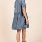 WASHED CHAMBRAY PATCH POCKET SHIRT MINI DRESS