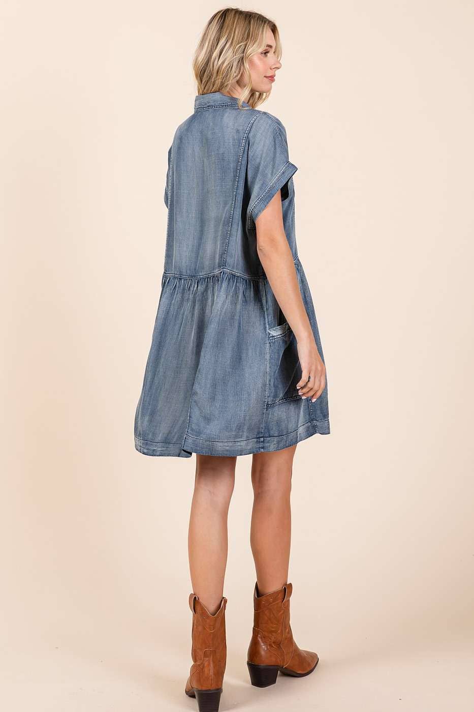 WASHED CHAMBRAY PATCH POCKET SHIRT MINI DRESS